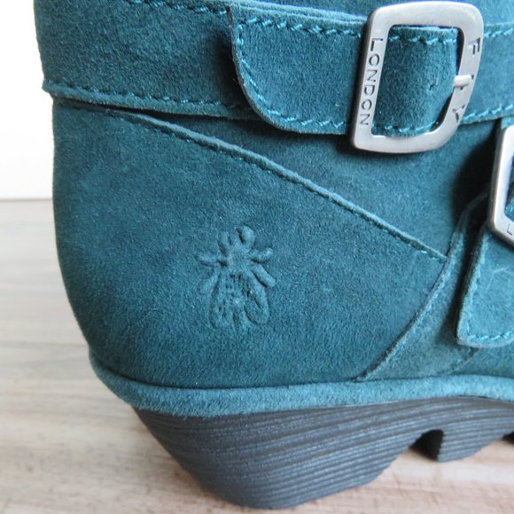 FLY LONDON Perz Suede Leather Ankle Wedge Buckle Boots Dark Petrol Size US 7.5/8 - Picture 14 of 16